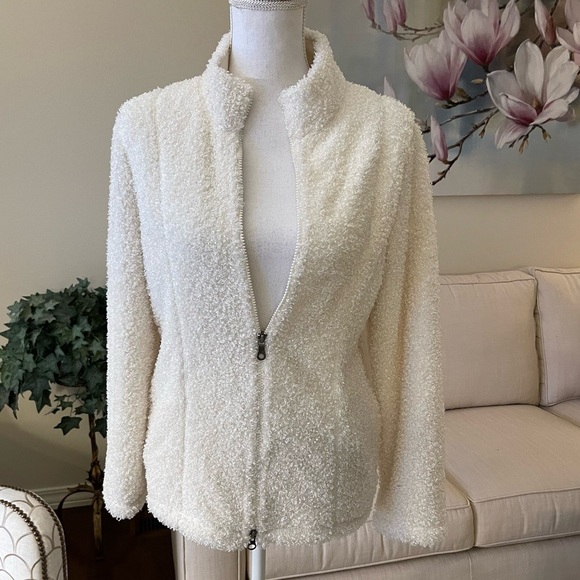 J. Jill Winter White Teddy Bear Fuzzy Zip Up Cardigan Sweater Jacket - Picture 8 of 16